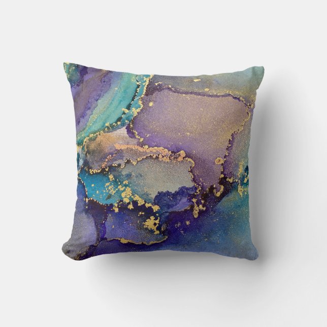Multicolored & Gold Marbled Abstract Liquid Art Cushion (Front)