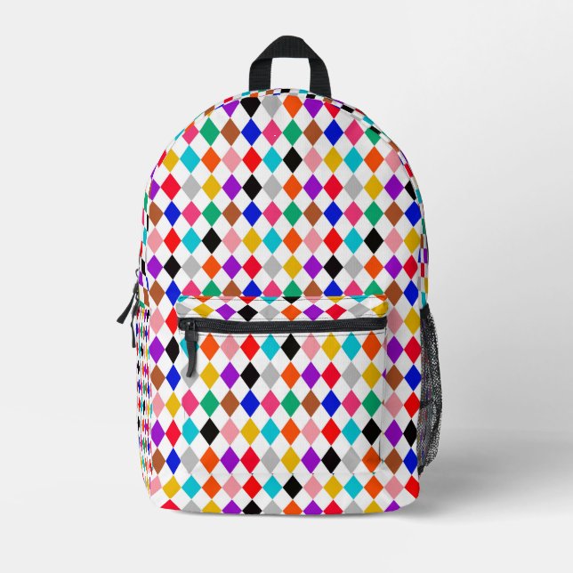 Multicolored Harlequin Diamonds Pattern Design  Printed Backpack (Front)