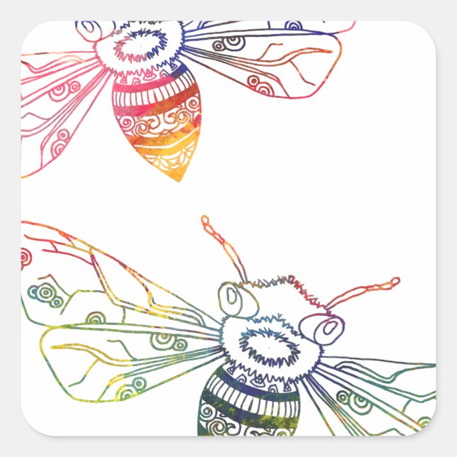Multicolored Honeybee Doodles Square Sticker (Front)