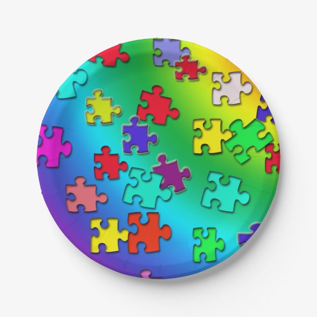 Multicolored jigsaw puzzles pieces paper plate (Front)