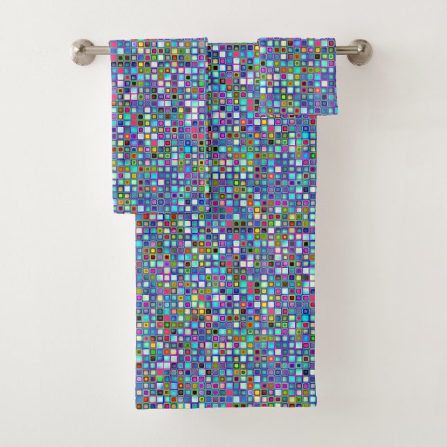 Multicolored 'Kindergarten' Retro Tiles Pattern Bath Towel Set (Insitu)