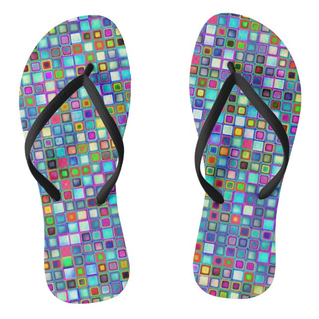 Multicolored 'Kindergarten' Retro Tiles Pattern Thongs (Footbed)