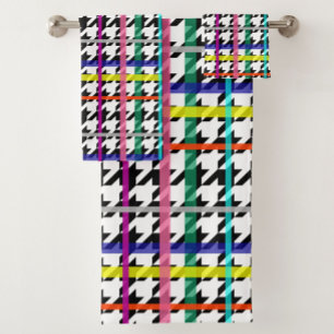 Multicolored Lines On Plaid Houndstooth Design  Bath Towel Set