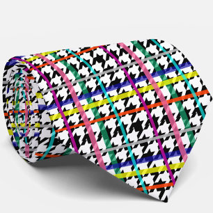 Multicolored Lines On Plaid Houndstooth Design Tie