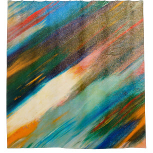 Multicolored long diagonal watercolor strokes on t shower curtain