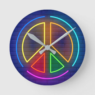 Multicolored neon peace sign round clock