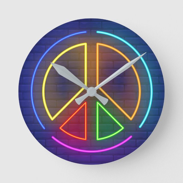 Multicolored neon peace sign round clock (Front)