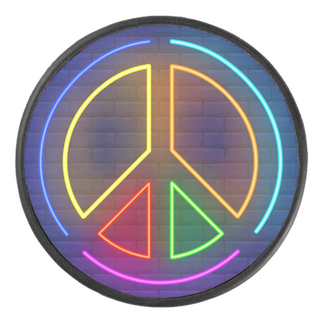 Multicolored neon peace sign symbol hockey puck (Front)