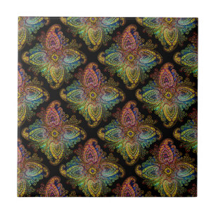 Multicolored Paisley Design on Black Ceramic Tile