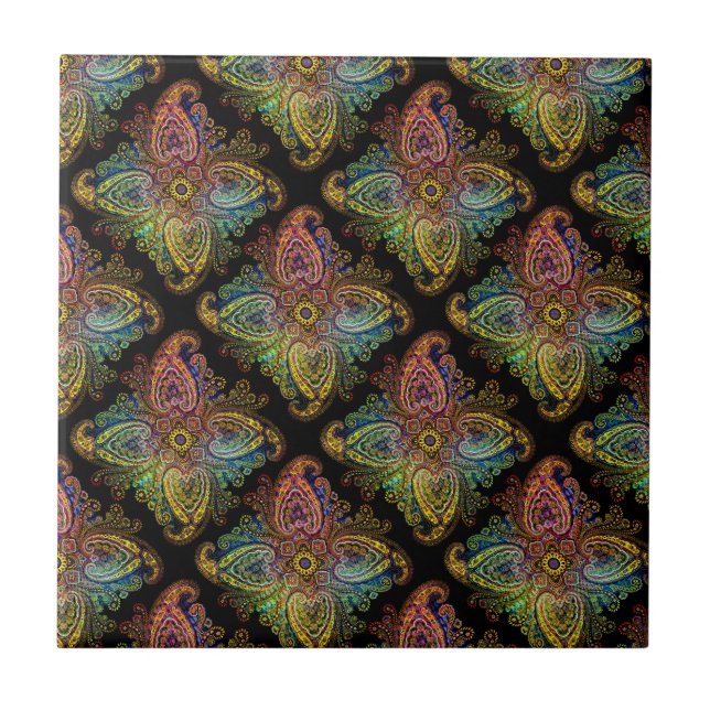 Multicolored Paisley Design on Black Ceramic Tile (Front)