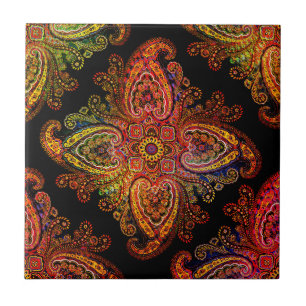 Multicolored Paisley Motiff on Black  02 Ceramic Tile