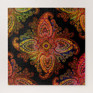 Multicolored Paisley Motiff on Black 02 Jigsaw Puzzle