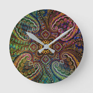 Multicolored Paisley on Black Background Round Clock