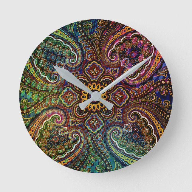 Multicolored  Paisley on Black Background Round Clock (Front)
