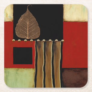 Multicolored Panel Painting with Brown Leaf Square Paper Coaster