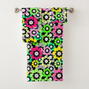 Multicolored paper cut flowers on black background bath towel set