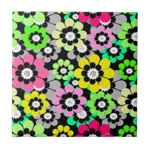 Multicolored paper cut flowers on black background ceramic tile