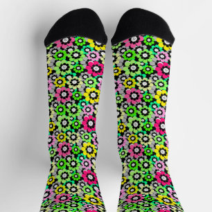 Multicolored paper cut flowers on black background socks
