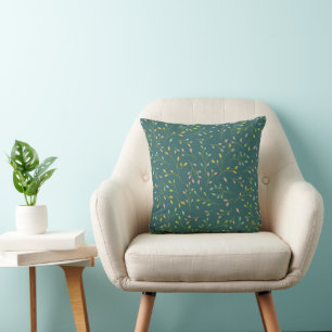 Multicolored Pastel Leaves on Dark Teal Botanical  Cushion