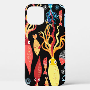 Multicolored pattern of different squid and fish o iPhone 12 case