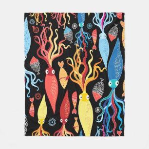 Multicolored pattern of different squid and fish o fleece blanket