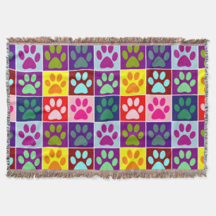 Multicolored Paw Prints in Multicolored Squares Throw Blanket
