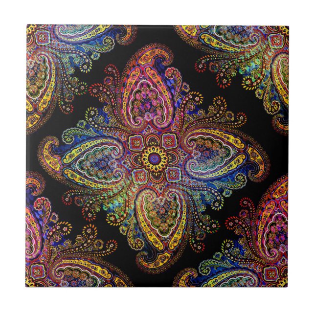 Multicolored Pinweel Paisley  on Black Ceramic Tile (Front)