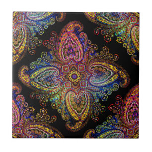 Multicolored Pinweel Paisley on Black Ceramic Tile