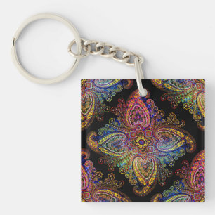 Multicolored Pinweel Paisley on Black Key Ring