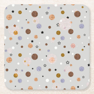 Multicolored polka dots on grey.  square paper coaster