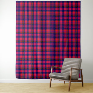Multicolored red and blue with a chequered pattern tapestry