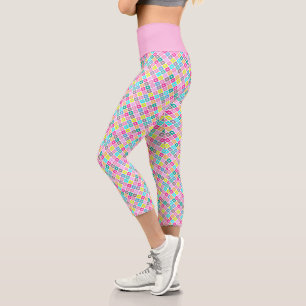 Multicolored rustic flower pattern on white capri leggings