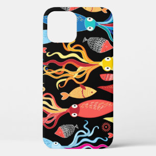 Multicolored Squid Fish Black Background iPhone 12 Case