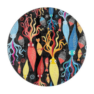 Multicolored Squid Fish Black Background Cutting Board