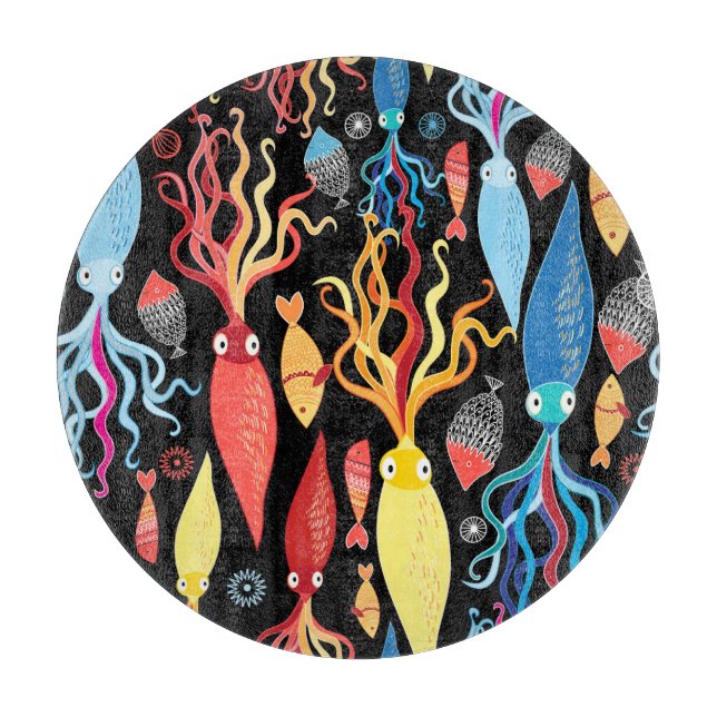 Multicolored Squid Fish Black Background Cutting Board (Front)