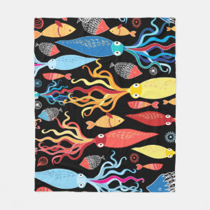 Multicolored Squid Fish Black Background Fleece Blanket