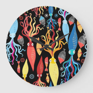 Multicolored Squid Fish Black Background Large Clock