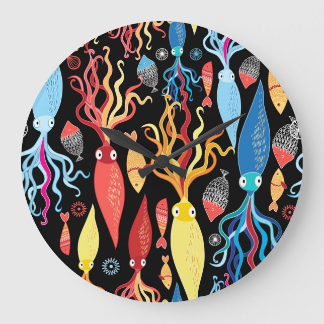 Multicolored Squid Fish Black Background Large Clock (Front)