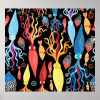 Multicolored Squid Fish Black Background