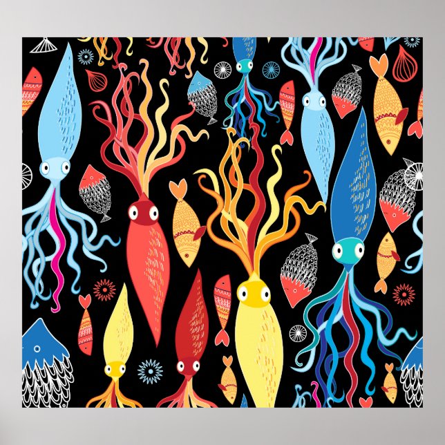 Multicolored Squid Fish Black Background Poster (Front)