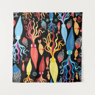 Multicolored Squid Fish Black Background Tapestry