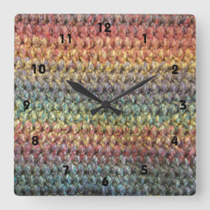 Multicolored striped knitted crochet square wall clock