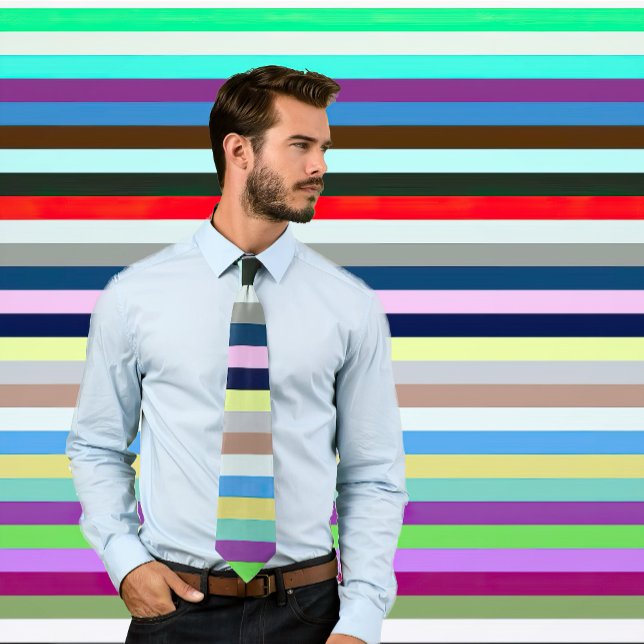 Multicolored Striped Necktie Variant #21 (Man wearing a necktie with multicolored horizontal stripes. Background matches tie.)