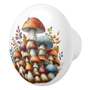 Multicolored Toadstools In the Forest Ceramic Knob