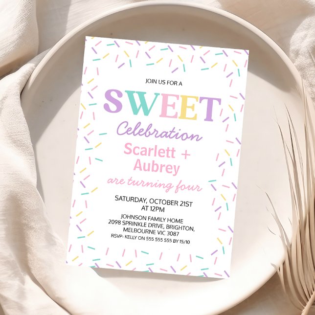 Multicolored Twins Sweet Celebration Birthday  Invitation (Twin Girls Sprinkle Sweet Celebration Birthday Invitation, 
Sprinkles Themed Birthday Party Invite)