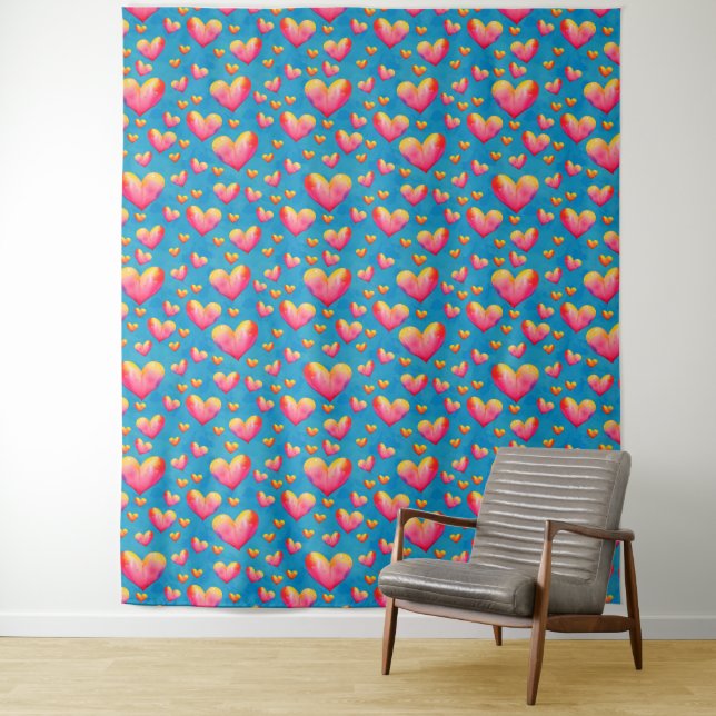 Multicolored Watercolor Hearts Tapestry (In Situ)