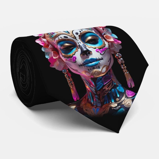 Multicolored Women Sugar Skull Día de los Muertos  Tie (Rolled)