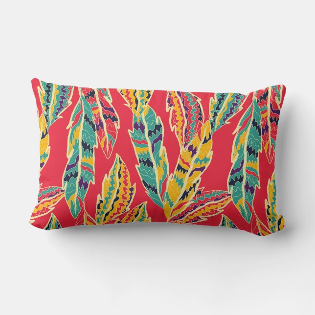 Multicolour Feathers Red Lumbar Pillow (Back)