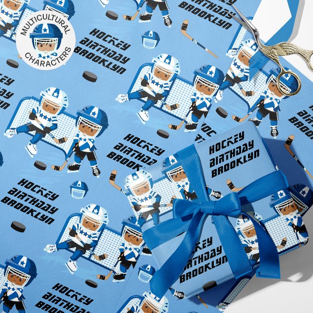 Multicultural Boy Hockey Birthday Personalised  Wrapping Paper (Creator Uploaded)