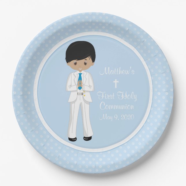 Multicultural Boy Personalized Holy Communion Paper Plate (Front)